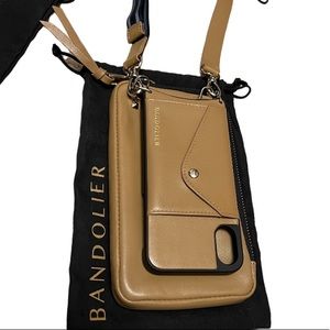 Bandolier Iphone X case, expanded pouch, 2 straps. Smooth leather tan & gold